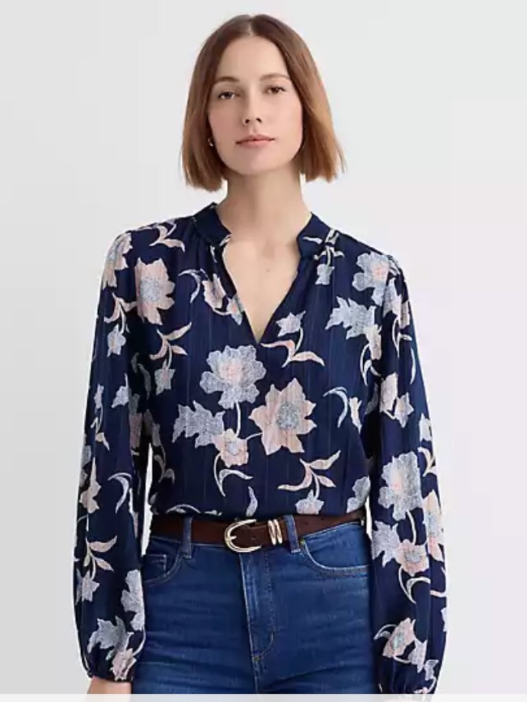 Loft Navy And Pink Floral Blouse, V Neck With Blouson Sleeve, Size S